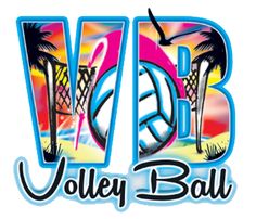 the vb volley ball logo with palm trees and beach balls in the back ground