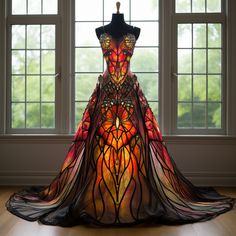 Stained Glass Gown, Luxury Fitted Gown For Cosplay, Stain Glass Dress, Stain Glass Inspired Dress, Stained Glass Fashion, Manipur Chakra, Stained Glass Dress, Stained Glass Monarch, Dragon Gown Haute Couture