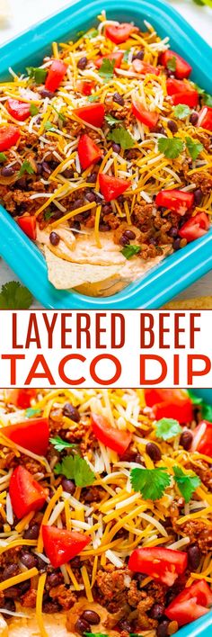 layered beef taco dip in a blue tray