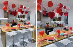 two pictures of a table with red and white balloons hanging from it's ceiling