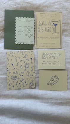 four different types of cards on a bed