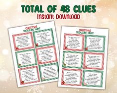 two christmas themed printables with the words total of 48 clues