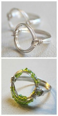 two pictures of different rings with green beads on the bottom and one is made out of wire