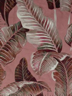 a pink background with brown and white leaves on the left side of it, measuring tape to the right