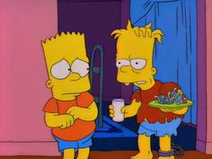 the simpsons is holding a plate of food and talking to each other while standing in front of a door