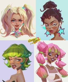 three cartoon girls with different hair styles and makeup looks like they're from the 80s