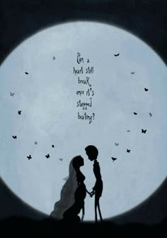 the silhouette of two people standing in front of a full moon with words written on it