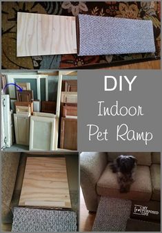 the diy indoor pet ramp is made from plywood and has been placed on top of