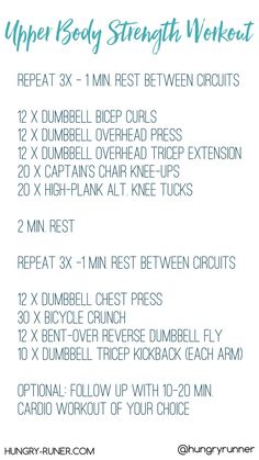 the upper body strength workout plan is shown in blue and white with text that reads upper body