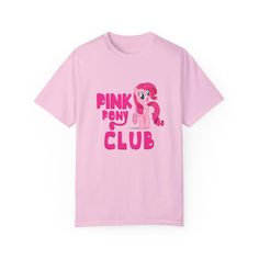 A comfy and classic tee featuring Pinky Pie from My Little Pony with the phrase 'Pink Pony Club'. This shirt exudes a fun and playful vibe, perfect for fans of the show or anyone who loves cute and whimsical designs. Ideal for casual outings or lounging at home, this t-shirt is a great addition to any fan's wardrobe. Perfect for birthdays, comic con, or any My Little Pony themed events. Product features - Available in sizes S to 4XL - Double-needle stitching for durability - Garment-dyed fabric Pony Shirt, Pink Club, Pink Pony Club, Chemise Rose, Pony Club, Chappell Roan, Themed Events, Club Shirts, My Little Pony