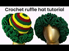 crochet ruffle hat pattern for men and women with green, red, yellow and maroon stripes