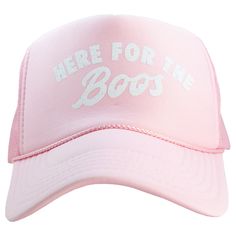 Get ready to bring some spooky fun to your wardrobe with our Here for the Boos Foam Trucker Hat! Available in a variety of colors, this foam hat features a playful twist on the phrase "here for the booze," with "boos" spelled out in glittery print. Perfect for Halloween parties, haunted hayrides, or just embracing the spooky spirit year-round. Grab yours now and get ready for some ghostly good times! 65% cotton, 35% polyester machine wash delicate or hand wash one size fits most adjustable back mesh netting snapback closure Fun Pink Halloween Costume Hats And Headpieces, Fun Halloween Hats, One Size Fits Most, Fun Halloween Hats One Size Fits Most, Fun Brimmed Halloween Hats, Trendy Halloween Cap Hat, Trendy Halloween Cap, Fun Halloween Hat With Curved Brim, Fun Curved Brim Halloween Hats, Fun Halloween Hat