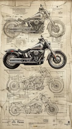 a drawing of a motorcycle on top of a piece of paper with blueprints