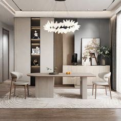 a modern dining room with white chairs and a table