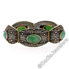 "This very well made vintage bracelet was crafted in gilt sterling silver and features a nice large size consisting of 5 wide links with domed surface adorned with absolutely amazing filigree designs and detailed work that truly make a special statement on this bracelet. Each of the links is bezel set at its center with an oval cut jade gemstone which shows gorgeous marbled green color. Remarkably unique bracelet in excellent condition and guaranteed to please. Enjoy! Material: Solid .925 Sterli Ornate Oval Engraved Bracelets, Ornate Hallmarked Oval Bracelets, Ornate Oval Hallmarked Bracelets, Chinese Bracelet, Jade Jewellery, Chinese Jade, Jade Gemstone, Wedding Jewelry Bracelets, Vintage Bracelet