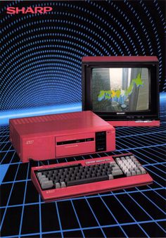 an old computer with a keyboard and mouse in front of a tv screen that reads sharp