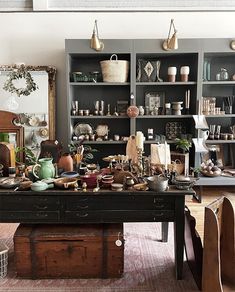 a room filled with lots of different types of items on top of a wooden table