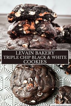 three cookies stacked on top of each other with the words levii bakery triple chip black and white cookies