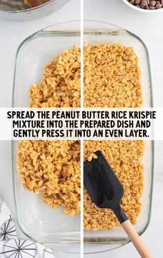 the ingredients to make peanut butter rice krispies in a glass dish with a spatula