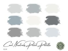 an image of paint swatches with the words cool neutral paint palette in black and white