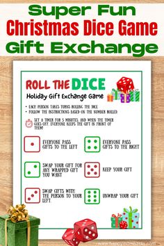 a christmas dice game with the text roll the dice holiday gift exchange