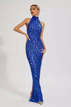 Elevate your evening looks with the exquisite Louise Blue Diamond Maxi Dress. Embellished with sparkling diamond, perfect for formal occasions. This sleeveless, sexy gown showcases sophistication and style. Make a statement in this stunning long dress, crafted for the empowered and confident woman. Dress Length: Approx Blue Embellished Evening Dress, Embellished Royal Blue Evening Dress For Prom, Elegant Sleeveless Sequin Prom Dress, Sparkling Maxi Dress For Gala And Party Season, Glamorous Long Sequin Dress For Prom Season, Glamorous Long Sequin Dress For Prom, Glamorous Long Sequin Prom Dress, Glamorous Maxi Dress For Prom Season, Blue Sequined Evening Dress For Gala