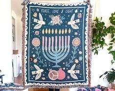 Hanukkah Throw Blanket. Hanukkah Menorah. Jewish Eclectic Home Decor. Personalized Hanukkah Gift. Peace, Love & Light Gift. Hanukkah Decor - Etsy Heritage Decor, Nook Decor, College Dorm Decor, Granola Girl Aesthetic, College Dorm Decorations, Jewish Gifts, Jewish Art