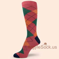 USH813: DARK CORAL GREEN ORANGE MENS SOCKS WITH NAVY TOE AND HEEL Shades Of Coral, Pink Socks