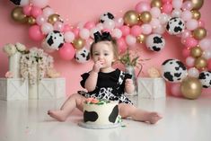 Cow Print Cake Smash, Cow Cake Smash, Cow Theme Photoshoot, Cake Smash Cow Theme, Pink Farm Photoshoot, Cow Smash Cake Photoshoot, Smash Cake Cow Print, Cow Theme Cake Smash Photoshoot, Cow Cake Smash Photography