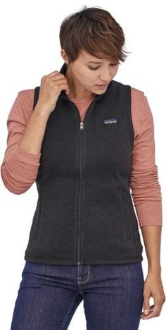 With a sweater-knit face and a moisture-wicking  100% recycled interior  the women's Patagonia Better Sweater fleece vest features women-specific seaming and a contoured fit. Patagonia Better Sweater Vest, Fleece Vest Women, Patagonia Style, Sweater Vest Mens, Patagonia Better Sweater, Better Sweater, Nike Fleece, Fleece Vest, Womens Fleece