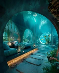 an underwater bedroom is lit up by candles