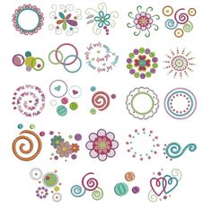 a bunch of different colored designs on a white background, including circles and swirls