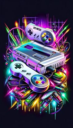 an image of a video game console surrounded by neon lights and other electronic gadgets