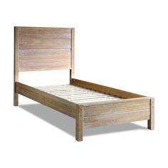 a wooden bed frame with no headboard and foot board is shown in front of a white background