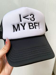 "I LOVE MY GF" FOAM TRUCKER EMBROIDERED HAT Photo features black cap with black thread Adjustable Hat Size Samantha Core, Boyfriend Hat, I Love My Gf, Love My Gf, I Love My Bf, Grabby Hands, Cameron Smith, Relationship Things, Hat Photo