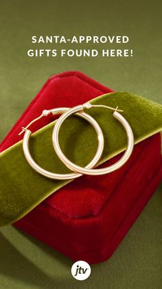 A pair of gold hoops propped against a green velvet ribbon and a velvet red jewelry box. One Word, Gold Hoops, Gold Hoop Earrings, Perfect Pair, Holiday Season, Hoop Earrings