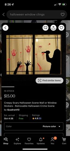 an image of someone's handprinted window with blood on it and the words halloween window clings $ 15 00