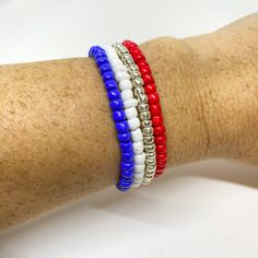 ♥ This red white and blue seed bead bracelet set will level up your style and make your outfit pop! ♥ These are perfect for: ~ July 4th ~ 4th of July Party Favors ~ Red White & Blue Themed Outfit ~ Patriotic Themed Photo Shoot ~ Dress Up ~ Everyday wear ♥ This listing includes options in the drop down menu to purchase bracelets individually or purchase the entire stack. These beaded bracelets are made with 6/0 seed beads. They are strung together with elastic which is stretchy.  ♥ CUSTOMIZATION: Jewelry Kids, Kids Bracelet, July Outfits, Stack Bracelets, Blue Beaded Bracelets, Christmas Necklace, Kids Bracelets, Girl Jewelry, Bead Bracelets