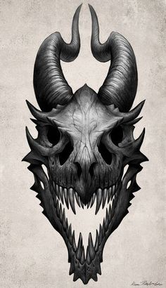 a drawing of a demon skull with horns and fangs on it's face is shown