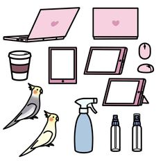 birds, laptops, and other items are arranged on a white background with pink accents