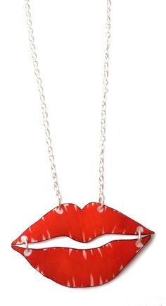 "Check out this pout! A pair of gorgeous bright red pouty lips are joined together at each corner with a little ring,  so they move when you move!  You can even make them talk! :) MWAH! Hand drawn, coloured and cut. * * * * * Red lipstick doesn't suit you? Prefer a different shade? No problem! Just message me!  * * * * * Approx 6cm wide, however as each piece is hand made and drawn just for you, sizes may vary very slightly. * * * * * Your lips will be suspended in the middle of a 16\" trace cha Pouty Lips, Bright Red Lipstick, Kissy Kissy, Love Kiss, Chain Silver, Valentines Necklace, Red Lipstick, Gold Plated Chains, Halloween Kids