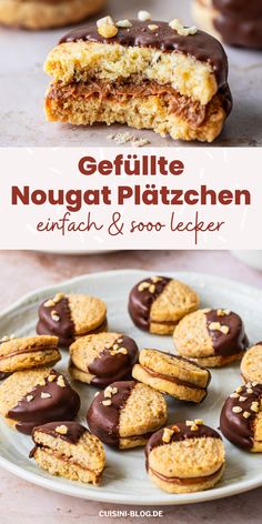 a close up of some cookies on a plate with the title text above it that reads, gefilte nougat platten enfach & too - lecker