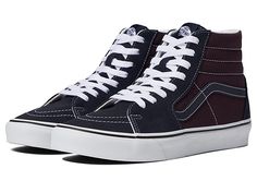 Vans SK8-Hi - Skate Shoes : Two-Tone Navy/Port : Keep it old school every step of the way with the classic Vans SK8-Hi skateboard shoes! High-top skate shoes with a classic silhouette and Sidestrap detail. Uppers of suede, leather, or canvas. Cotton drill lining. Padded collar for added comfort and support. Triple-stitch collar adorns collar. Die-cut EVA insert. Vulcanized construction: • Slimmed-down profile offers a flexible feel. • Gum rubber outsole with signature waffle tread provides super Classic Lace-up High-top Sneakers For Skateboarding, Classic Lace-up Skate Shoes For Skateboarding, Classic Vans Canvas Skate Shoes, Skateboarding High-top Sneakers With Cushioned Footbed, Classic Skate Shoes For Skateboarding, Casual Leather Canvas Skateboarding Shoes, Casual Leather Canvas Shoes For Skateboarding, Vans Canvas Skate Shoes With Cushioned Footbed, Classic High-top Skate Shoes With White Sole