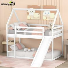 If you want to create an awesome room for your child, go bold with this childlike house bunk bed with slide. Your kids will notice and fall in love with the slide attached and house shape silhouette at the first sight - fun yet safe, the easy to climb steps makes getting up into bed a safe ascent while the slide makes for a rapid descent, which is friendly to a younger child. Sturdy and robust, this wooden kids bunk bed with slide is crafted from solid pine wood and MDF. The sturdy frame allows Girl Bunk Bed Rooms Ideas, Twin Bunk Bed Ideas For Small Room, Toddler Bunk Bed, Zoe Land, Bunk Bed House, Slide Bed, Bunk Beds For Girls Room, Bunker Bed, Bed Frame For Kids