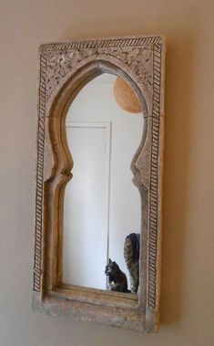 two cats sitting in front of a mirror on the wall