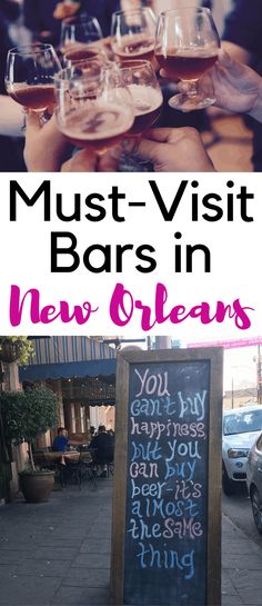 a sign that says must - visit bars in new orleans with pictures of people holding wine glasses