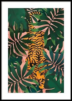 a tiger in the jungle surrounded by tropical plants and leaves, framed on a white wall