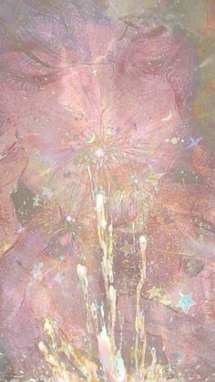 an abstract painting with lots of colors and sparkles in the center, on a pink background