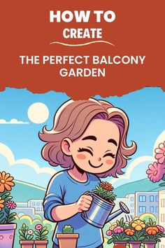 a girl holding a potted plant with the words how to create the perfect balcony garden