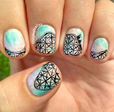 Theme Park Nails, Amusement Park Nails, Small Roller Coaster Tattoo, Simple Roller Coaster Tattoo, Rollercoaster Doodle, Rollar Coasters Funny, Crazy Roller Coaster, Pointed Nails, Nail Jewels